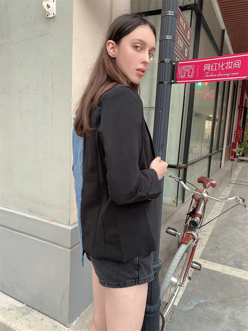 Women Vintage Fashion Blazer Denim Patchwork Jackets 2022 Autumn Winter Irregular Coat Women Long Sleeve Loose Korean Outerwear