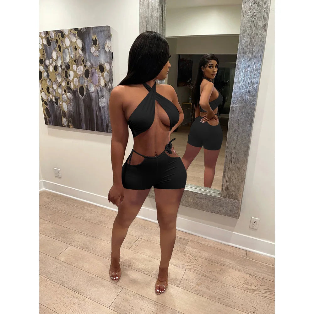 Two Piece Sets for Women Ruched Bandage Criss Cross Solid Women 2024 Spring Backless Club Crop Top and Shorts Matching Set