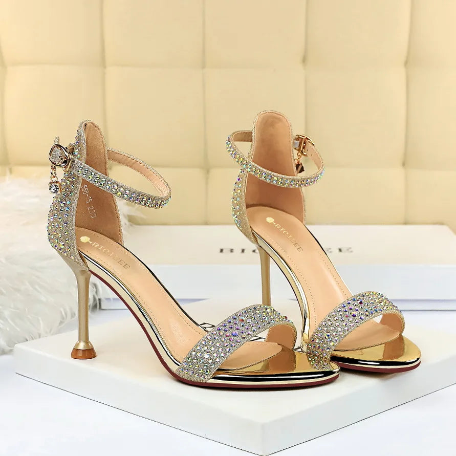 Women Summer Sandals 8.5cm High Heels Rhinestone Crystal Middle Heels Ankle Strappy Sandles Lady Wedding Event Party Gold Shoes