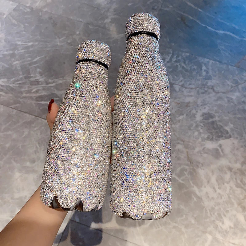 Portable Vacuum Flask Large Capacity Insulated Hot Water Bottle Shiny Rhinestones Thermos Coffee Mug for Women Gift 300/500ml