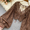 Autumn Black/White/Brown Sexy Lace Blouse Women Elegant V-Neck Puff Long Sleeve Open Back Short Tops Female Party Blusas 2021