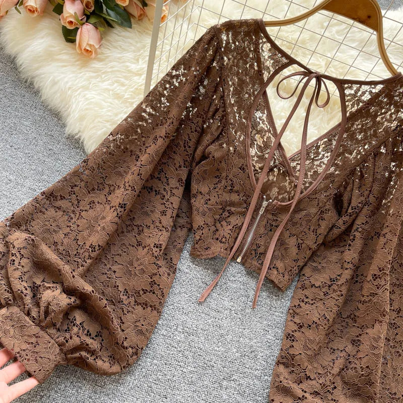 Autumn Black/White/Brown Sexy Lace Blouse Women Elegant V-Neck Puff Long Sleeve Open Back Short Tops Female Party Blusas 2021