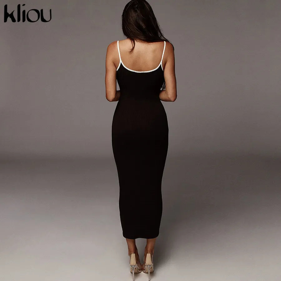 Kliou strap backless sexy bodycon midi long dress new women high waist cotton striped dresses elegant fashion party clothes