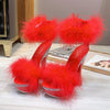 2021 New 4 Color Feather Thick High Heels Platform Sandals Women 14cm 17cm Heels Shoes Female Summer Hair Wedding Pumps Shoes
