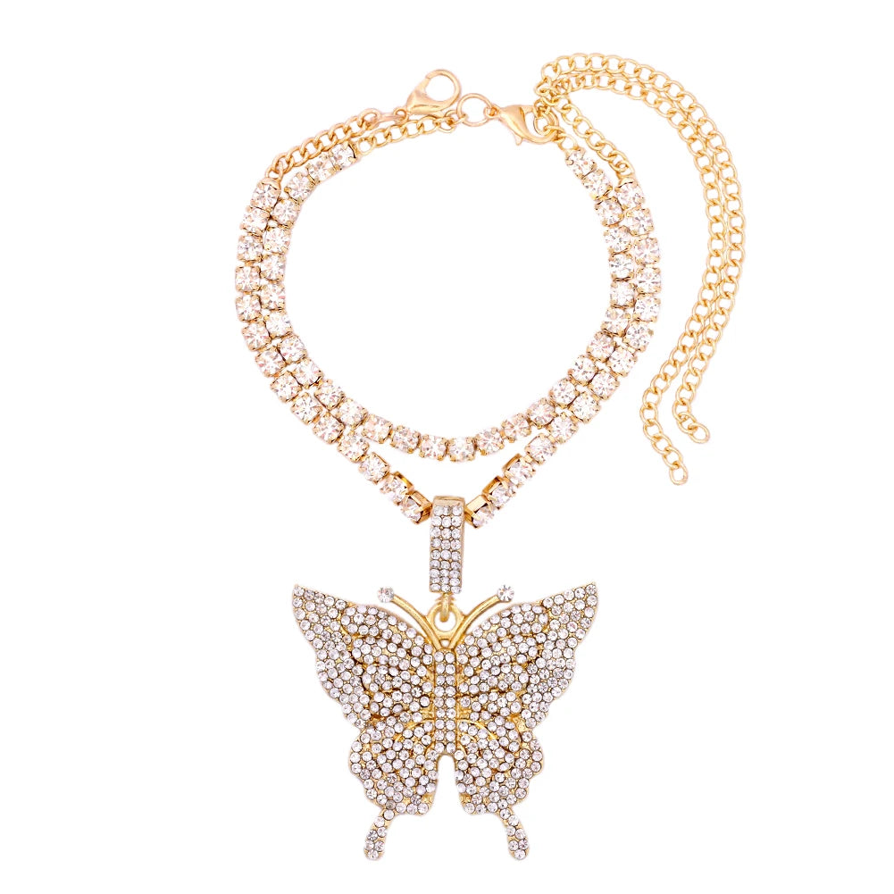 Iced Out Crystal Rhinestones Butterfly Pendants Anklet Chain For Women Multi-layer Big Rhinestones Tennis Chain Ankle Jewelry