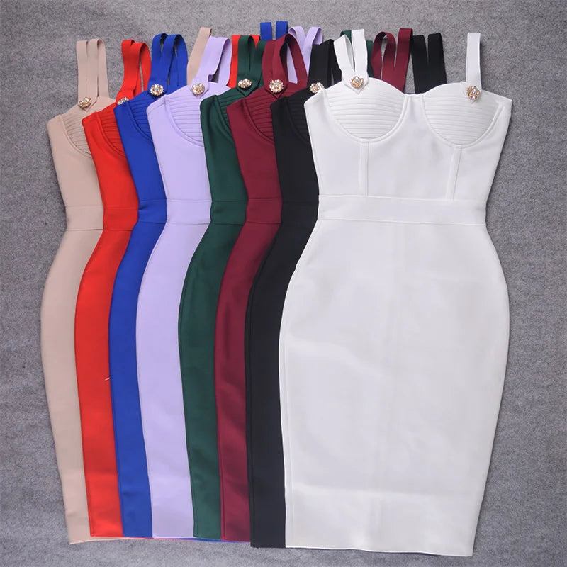 BEAUKEY Summer White Rhinestone Bandage Evening Dress Women Luxury Maxi Spaghetti Strap Red Club Celebrity Evening Party Vestido