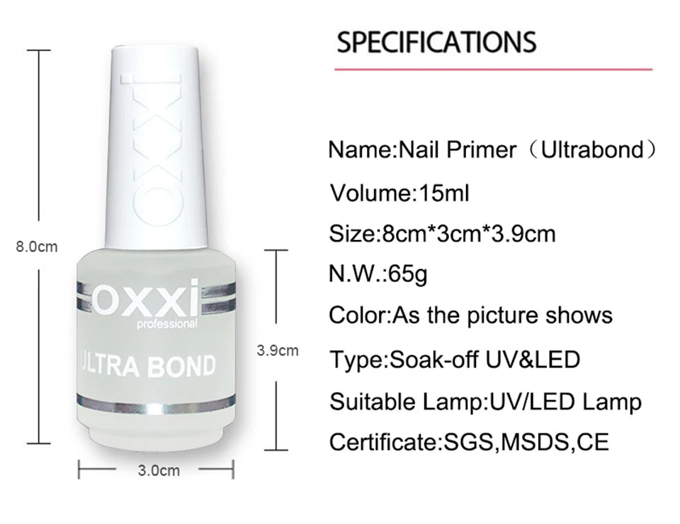 oxxi New 15ml Acid-free Primer For Nails Desiccant Hybrid Varnish Permanent Nail Polish Degreasing Base Coat Manicure Set of Gel