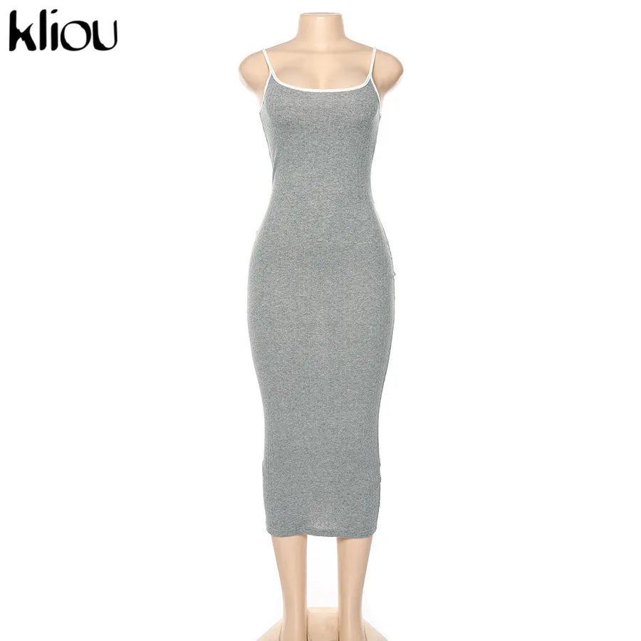 Kliou strap backless sexy bodycon midi long dress new women high waist cotton striped dresses elegant fashion party clothes