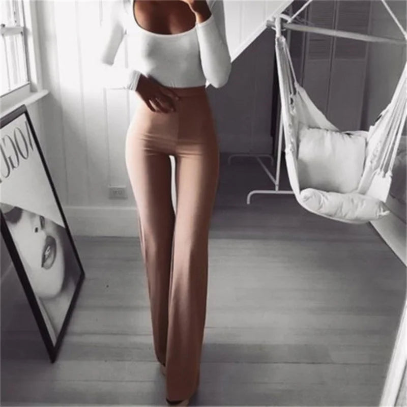 Womens Solid Color High Waist Flare Pants Ladies Trousers Bell Bottom Long Pants Black/White/Blue/Khaki/Burgundy