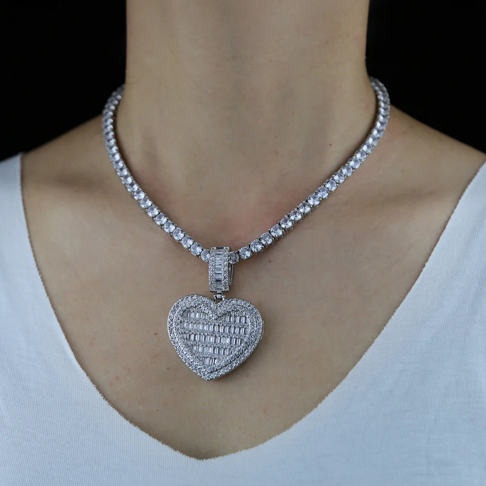 In Stock Iced Out Bling Women Jewelry 5A White Cubic Zirconia Heart Shaped Pendant Necklace With Tennis Box Chain