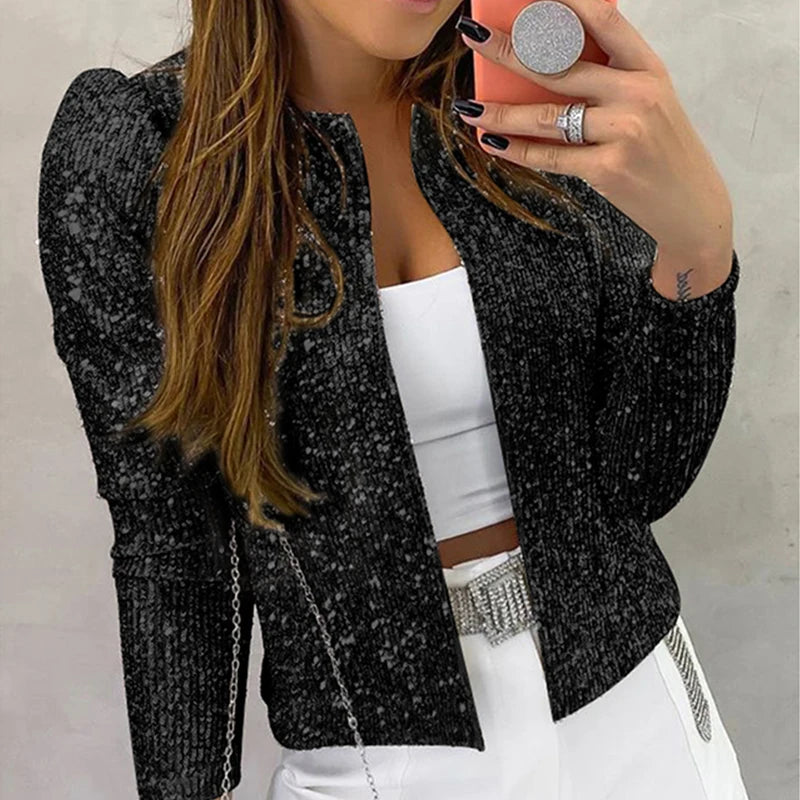 2024 Fashion Sequin Jackets Women Glitter Long Sleeve Short Coats Elegant Spring Outwear Office Ladies Solid  Streetwear Jacket