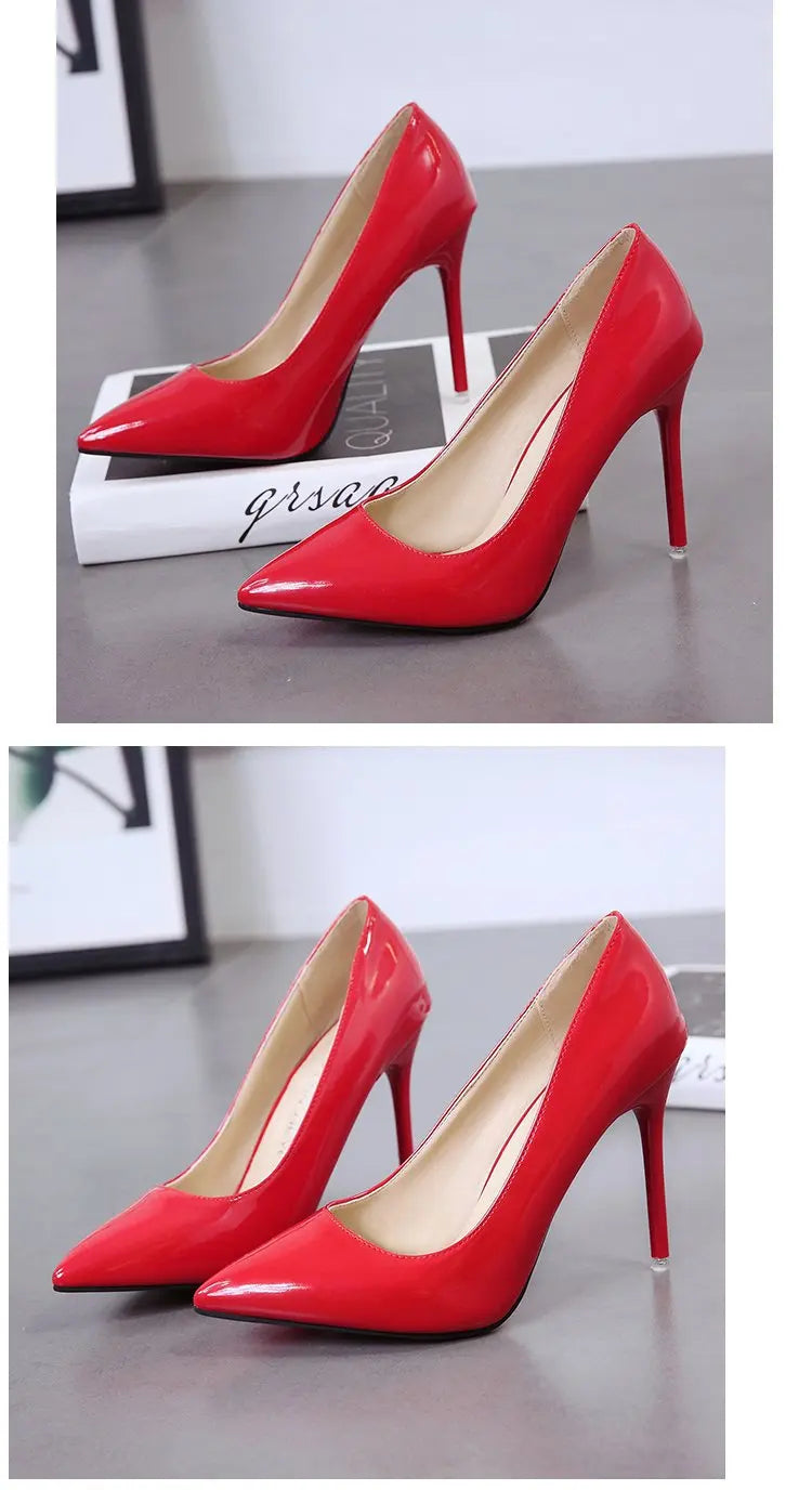 HOT Plus Size 34-44 HOT Women Shoes Pointed Toe Pumps Patent Leather Dress High Heels Boat Shoes Wedding Shoes Zapatos Mujerd76