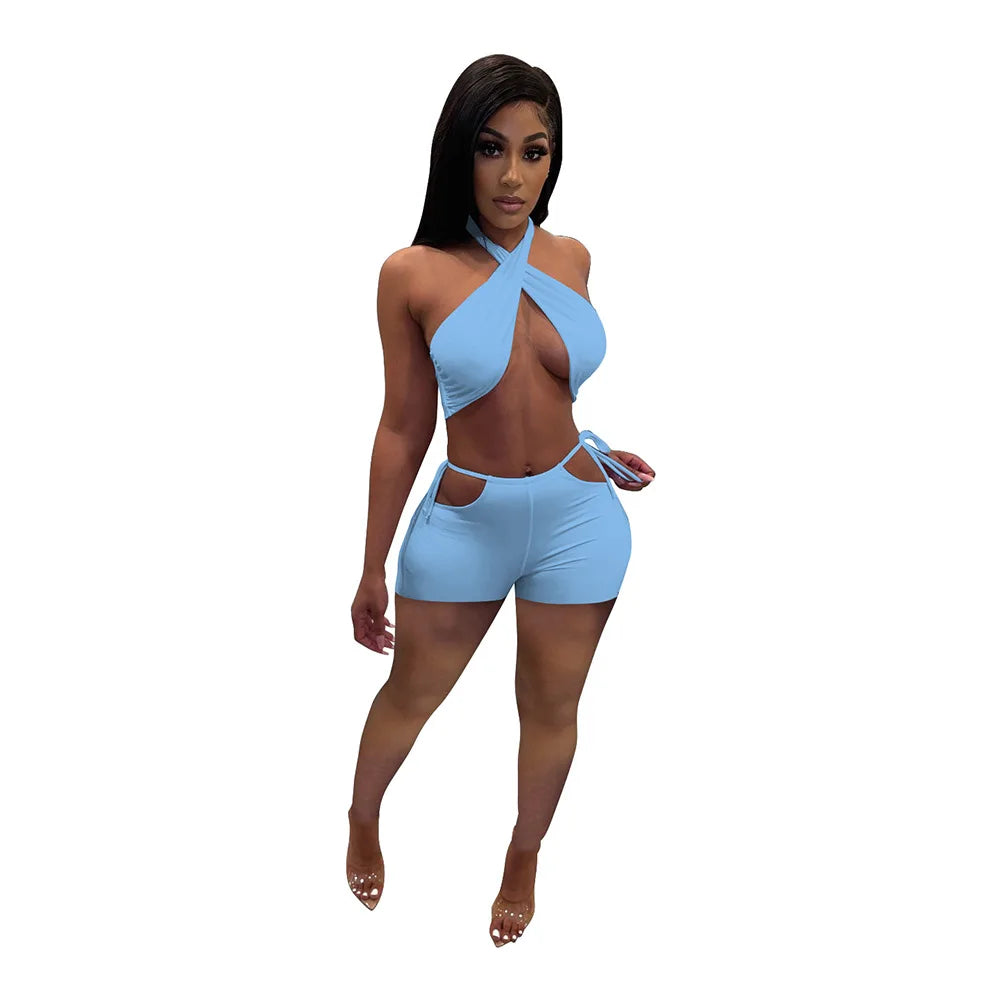 Two Piece Sets for Women Ruched Bandage Criss Cross Solid Women 2024 Spring Backless Club Crop Top and Shorts Matching Set