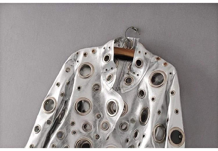 Lautaro Runway Cut Out Short Faux Leather Jacket Golden Rivet Cool Stylish Designer Clothes Women European American Fashion 2022