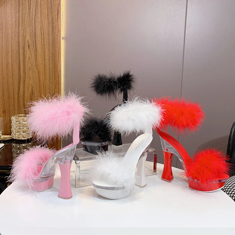 2021 New 4 Color Feather Thick High Heels Platform Sandals Women 14cm 17cm Heels Shoes Female Summer Hair Wedding Pumps Shoes