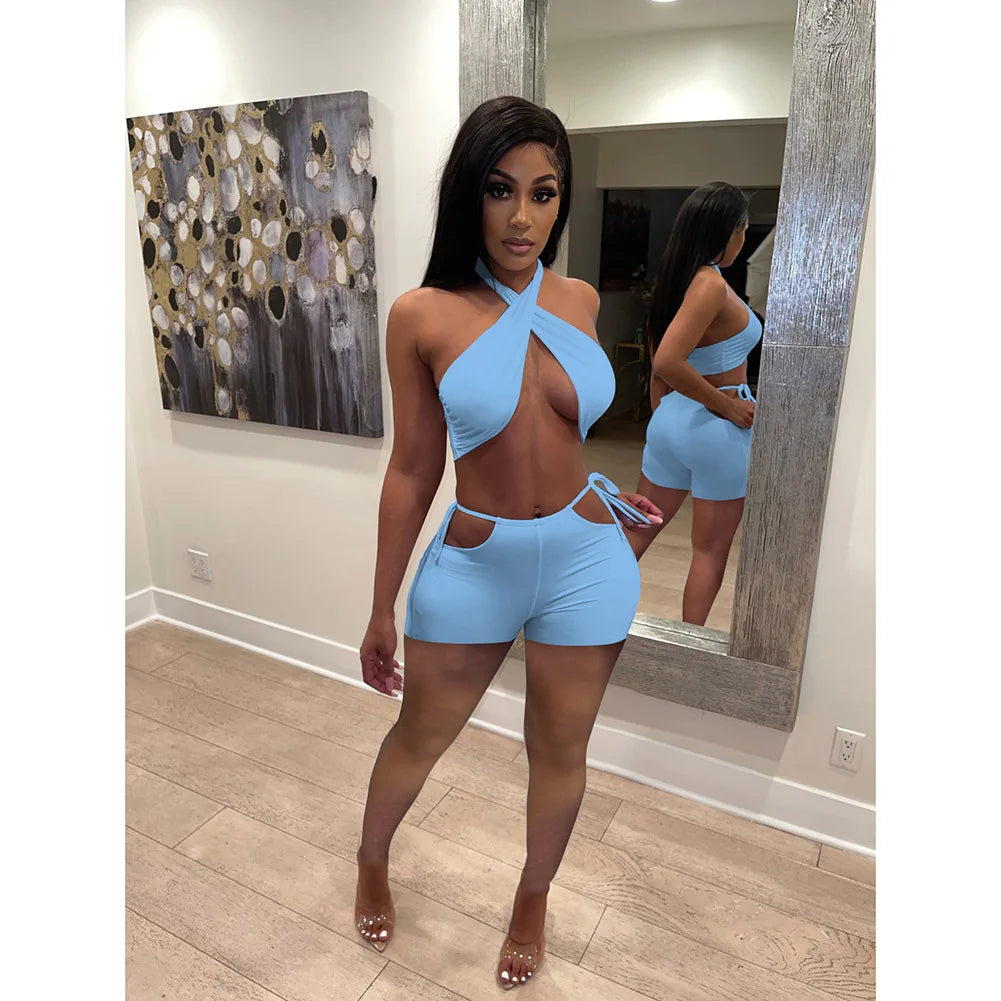 Two Piece Sets for Women Ruched Bandage Criss Cross Solid Women 2024 Spring Backless Club Crop Top and Shorts Matching Set