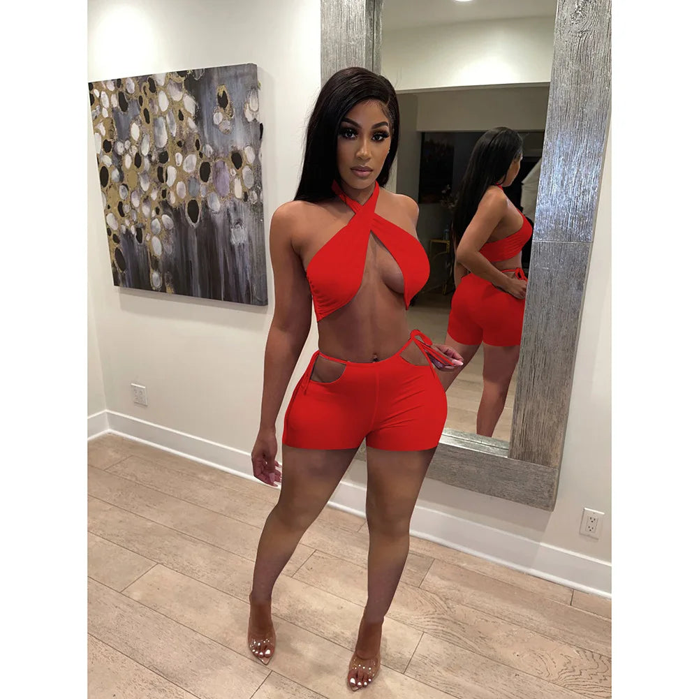 Two Piece Sets for Women Ruched Bandage Criss Cross Solid Women 2024 Spring Backless Club Crop Top and Shorts Matching Set