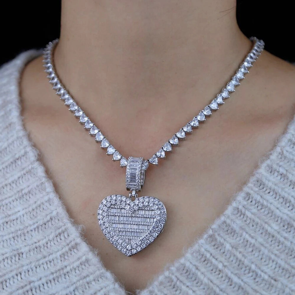 Iced Out Bling Can Be Opened Heart-shaped Photo Pendant Necklace Hearts Tennis Chain Cubic Zirconia Fashion Women Men Jewelry