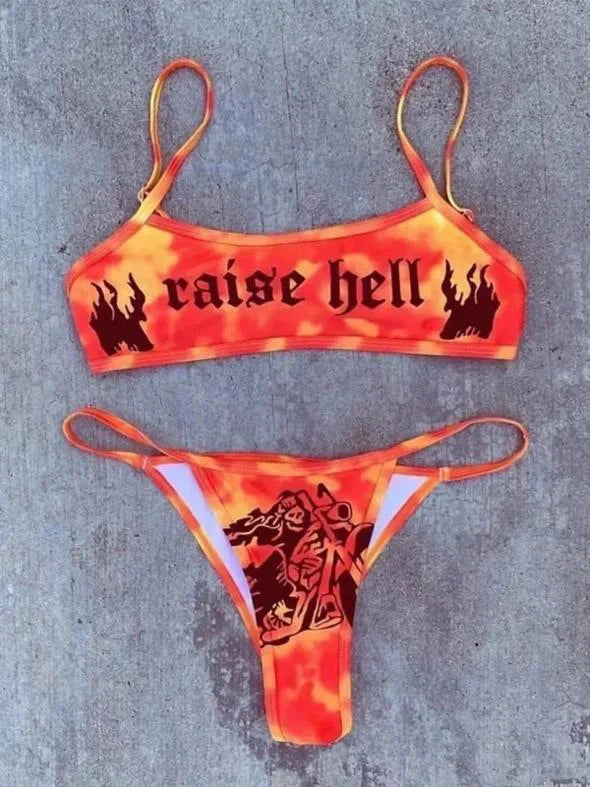 Punk Gothic Letters Print Bikinis Set Sexy Bikini 2023 Women Skull Pattern V-neck Swimwear Fashion Swimsuit Bathing Suit