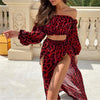 Puloru New Women Two-pieces Beach Suits Summer Solid Color Bikini Cover-ups Sets Off Shoulder Crop Tops+High Slit Maxi Skirts