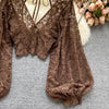 Autumn Black/White/Brown Sexy Lace Blouse Women Elegant V-Neck Puff Long Sleeve Open Back Short Tops Female Party Blusas 2021