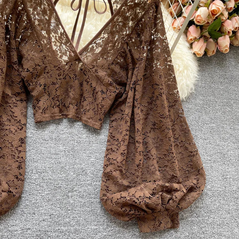 Autumn Black/White/Brown Sexy Lace Blouse Women Elegant V-Neck Puff Long Sleeve Open Back Short Tops Female Party Blusas 2021