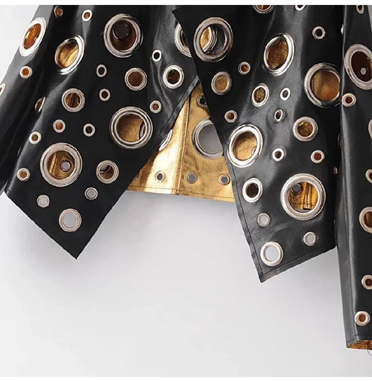 Lautaro Runway Cut Out Short Faux Leather Jacket Golden Rivet Cool Stylish Designer Clothes Women European American Fashion 2022