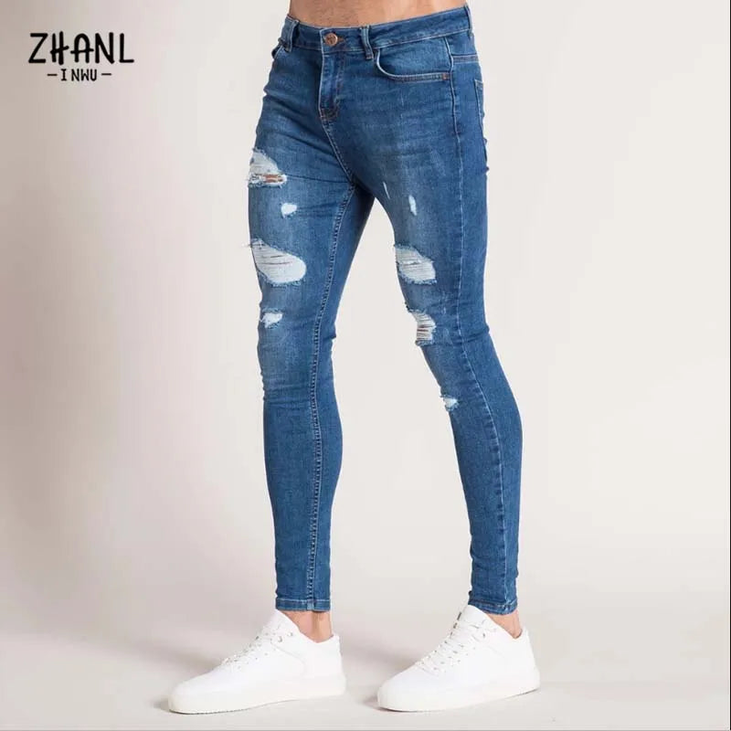 Fashion White Elastic Skinny Pants Man Ripped Jeans Male Streetwear Vintage Wash Solid Denim Trouser Mens Casual Slim fit Pants