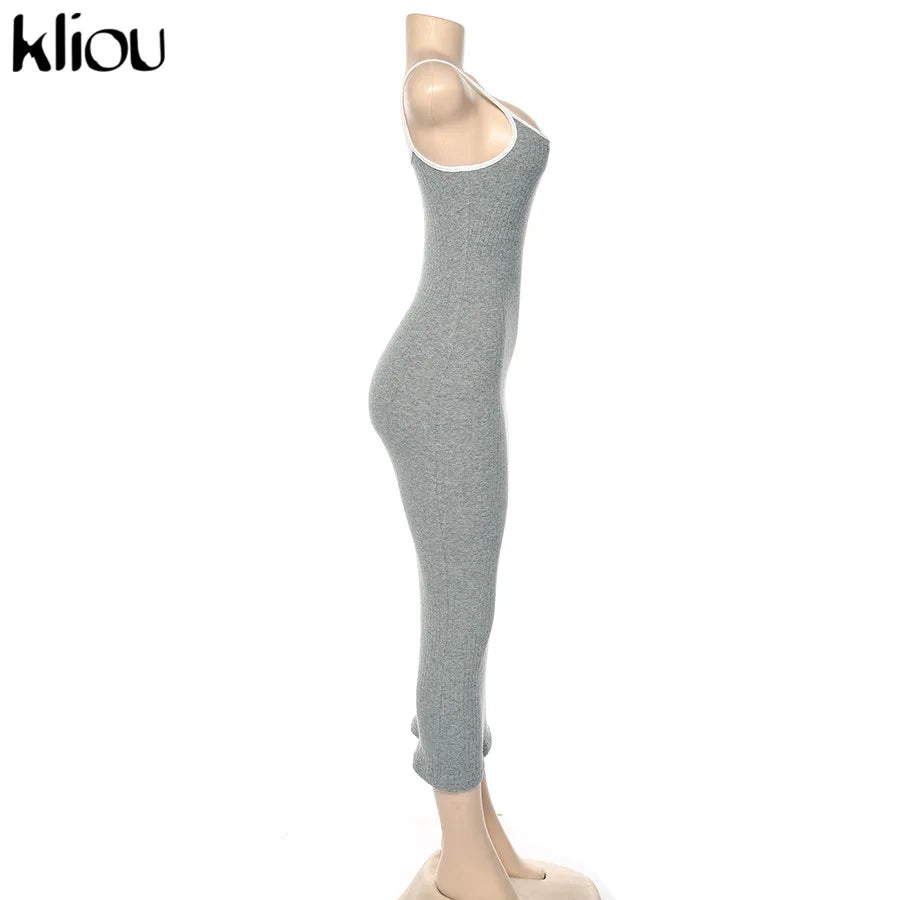 Kliou strap backless sexy bodycon midi long dress new women high waist cotton striped dresses elegant fashion party clothes