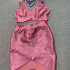 BEAUKEY Quality 2 Piece Set Shinny Metallic Rose Gold Bodycon Top & Skirt  New Mini Short Sexy Party Night Club Set