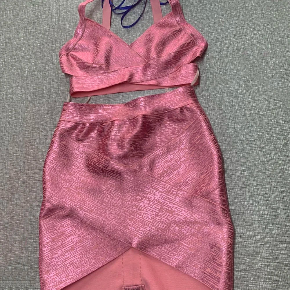BEAUKEY Quality 2 Piece Set Shinny Metallic Rose Gold Bodycon Top & Skirt  New Mini Short Sexy Party Night Club Set
