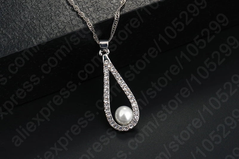 925 Sterling Silver Shiny Crystal Water Drop Pearl Necklace Earrings Jewelry Sets For Woman Fine Jewelry Wedding Gift Wholesale