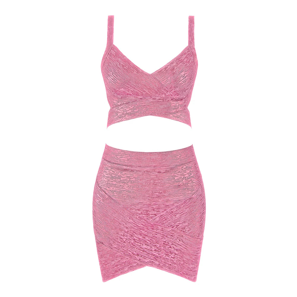 BEAUKEY Quality 2 Piece Set Shinny Metallic Rose Gold Bodycon Top & Skirt  New Mini Short Sexy Party Night Club Set