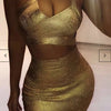 BEAUKEY Quality 2 Piece Set Shinny Metallic Rose Gold Bodycon Top & Skirt  New Mini Short Sexy Party Night Club Set