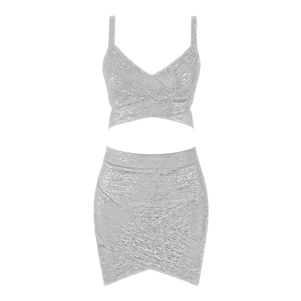 BEAUKEY Quality 2 Piece Set Shinny Metallic Rose Gold Bodycon Top & Skirt  New Mini Short Sexy Party Night Club Set