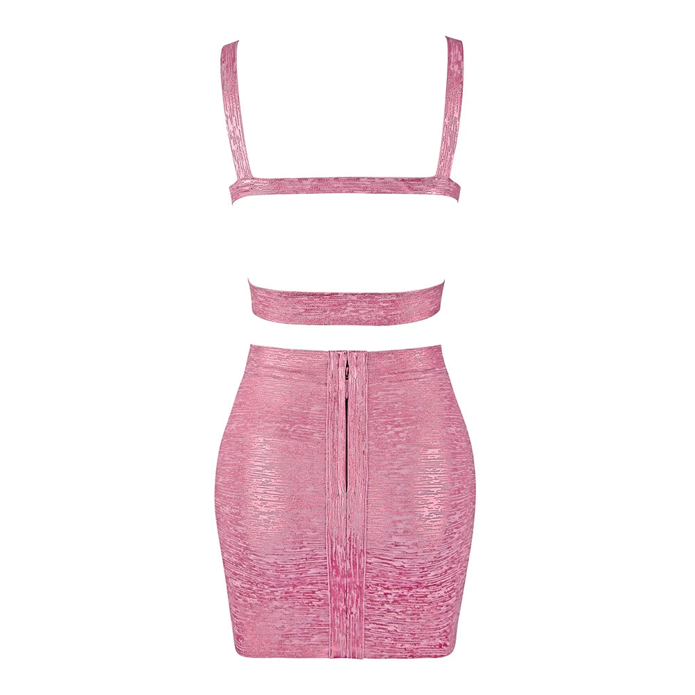 BEAUKEY Quality 2 Piece Set Shinny Metallic Rose Gold Bodycon Top & Skirt  New Mini Short Sexy Party Night Club Set