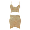 BEAUKEY Quality 2 Piece Set Shinny Metallic Rose Gold Bodycon Top & Skirt  New Mini Short Sexy Party Night Club Set