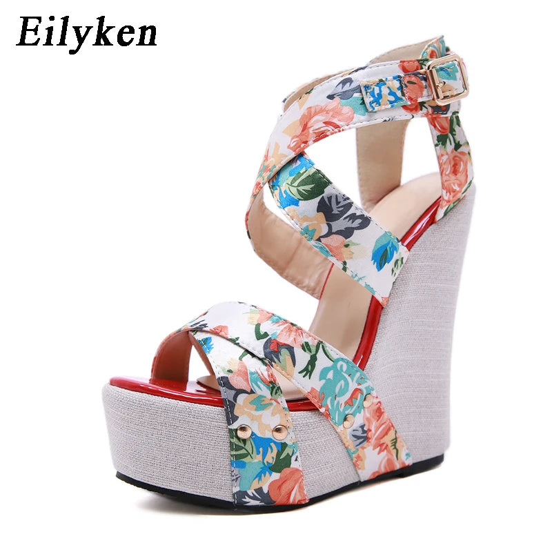 Eilyken Designer Buckle Strap Platform Wedges Women's Sandals Fashion Silk Open Toe High Heels Banquet Party Shoes
