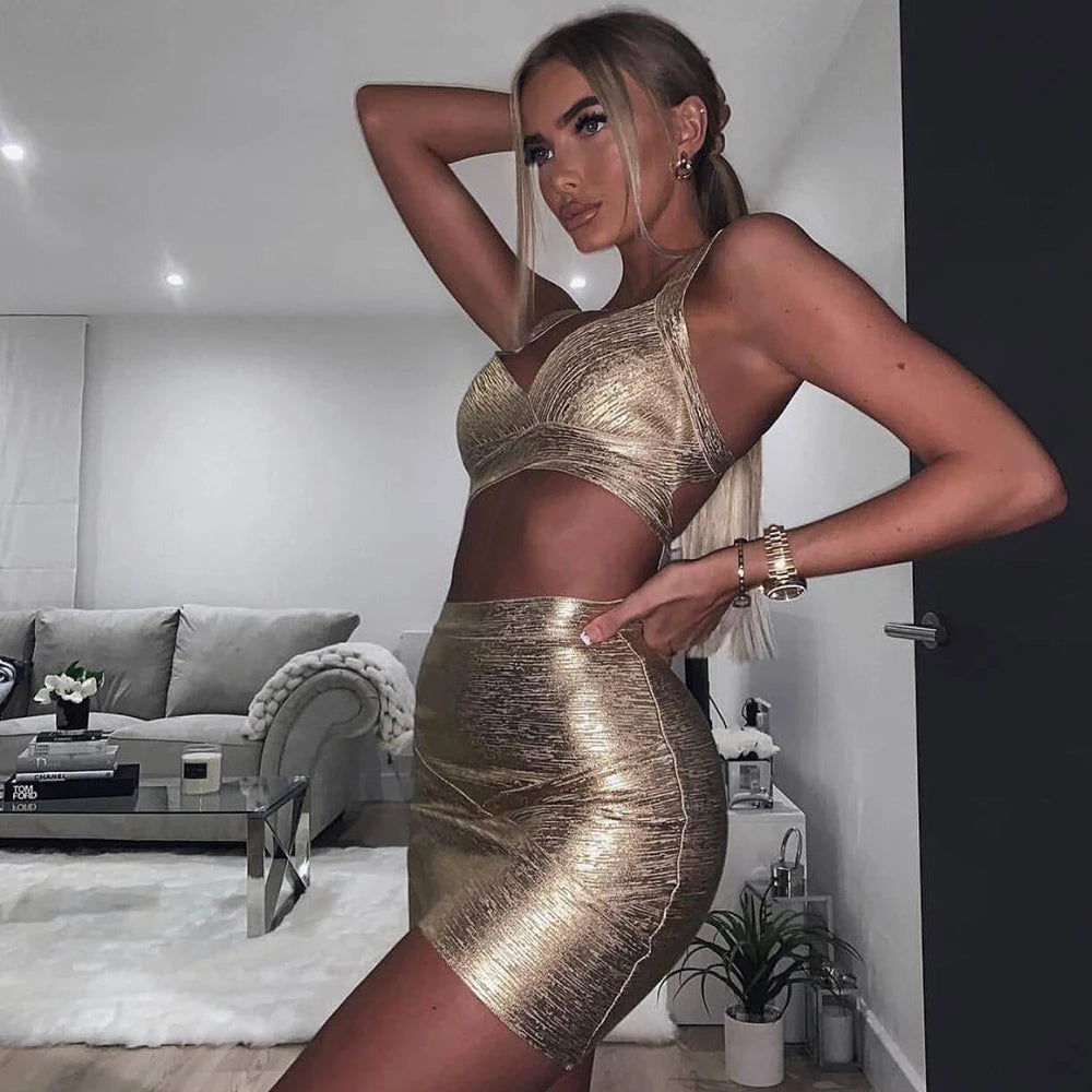 BEAUKEY Quality 2 Piece Set Shinny Metallic Rose Gold Bodycon Top & Skirt  New Mini Short Sexy Party Night Club Set