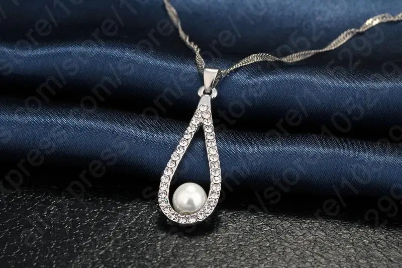 925 Sterling Silver Shiny Crystal Water Drop Pearl Necklace Earrings Jewelry Sets For Woman Fine Jewelry Wedding Gift Wholesale