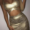 BEAUKEY Quality 2 Piece Set Shinny Metallic Rose Gold Bodycon Top & Skirt  New Mini Short Sexy Party Night Club Set