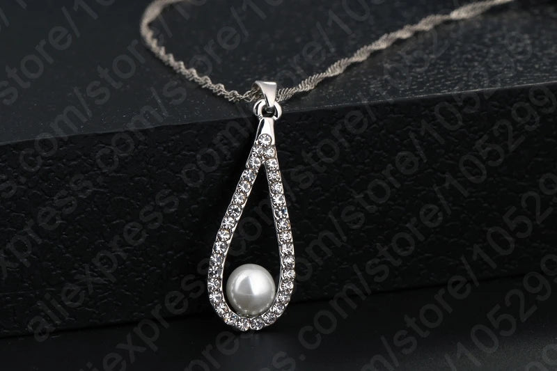 925 Sterling Silver Shiny Crystal Water Drop Pearl Necklace Earrings Jewelry Sets For Woman Fine Jewelry Wedding Gift Wholesale