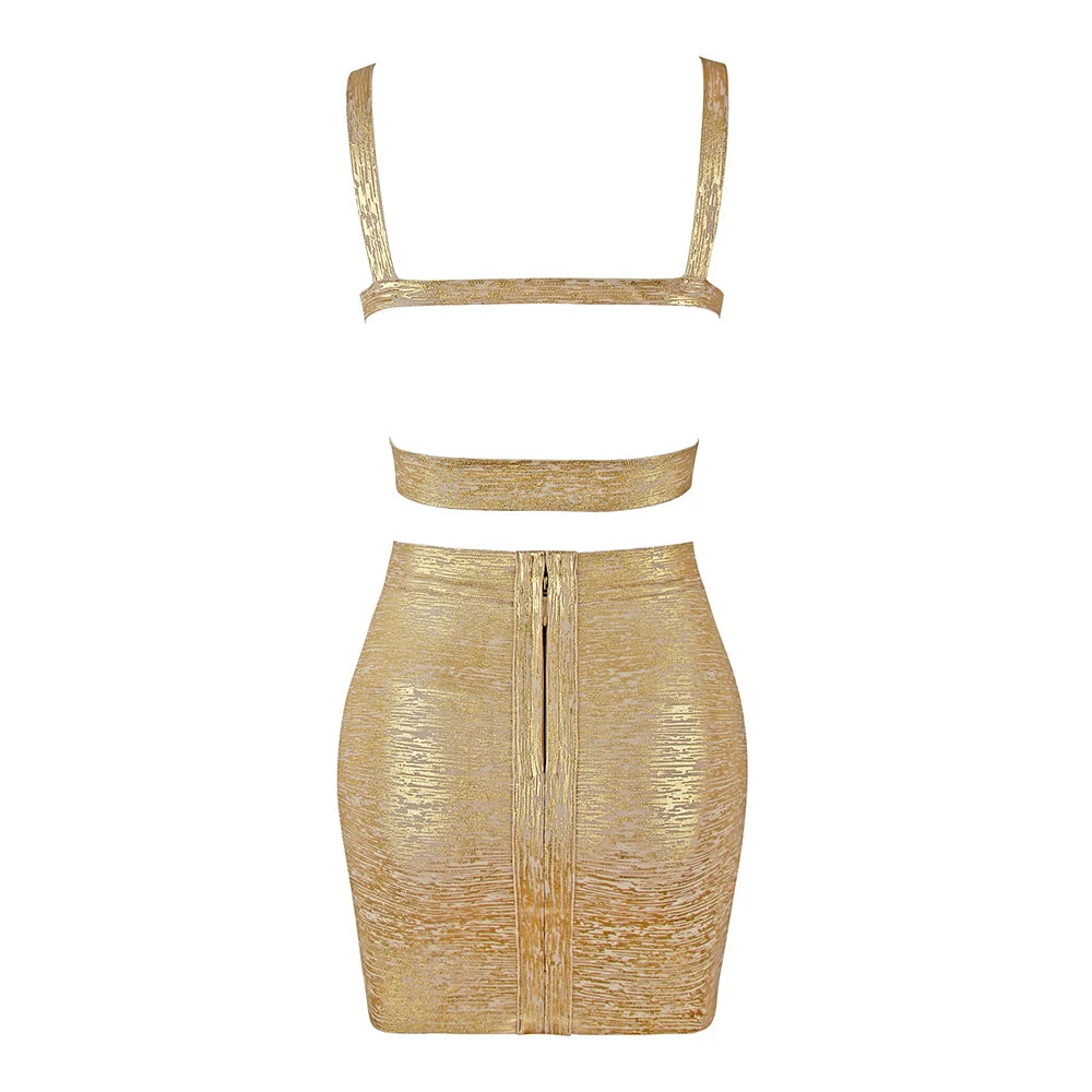 BEAUKEY Quality 2 Piece Set Shinny Metallic Rose Gold Bodycon Top & Skirt  New Mini Short Sexy Party Night Club Set