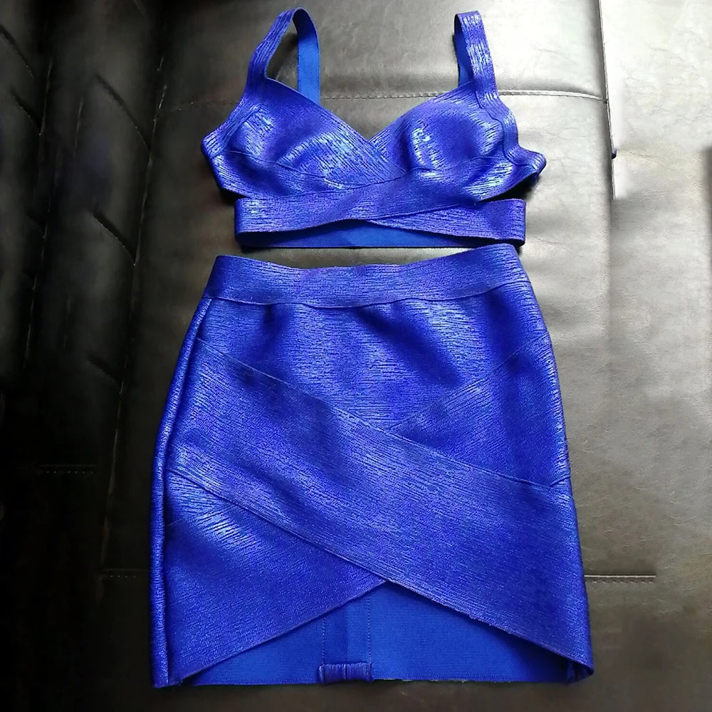 BEAUKEY Quality 2 Piece Set Shinny Metallic Rose Gold Bodycon Top & Skirt  New Mini Short Sexy Party Night Club Set