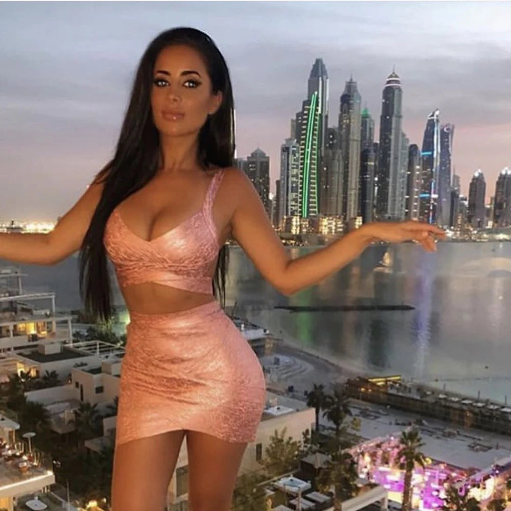 BEAUKEY Quality 2 Piece Set Shinny Metallic Rose Gold Bodycon Top & Skirt  New Mini Short Sexy Party Night Club Set