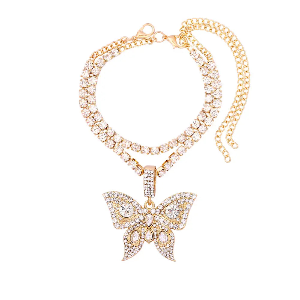 Iced Out Crystal Rhinestones Butterfly Pendants Anklet Chain For Women Multi-layer Big Rhinestones Tennis Chain Ankle Jewelry