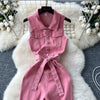 Vintage Turn-down Collar Tunic Slim Jumpsuit for Women High Waist Denim Long Jumpsuit Ladies Retro Overalls Wholesale