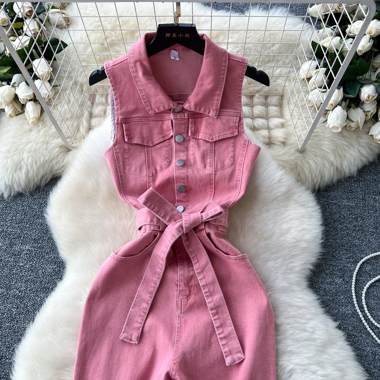 Vintage Turn-down Collar Tunic Slim Jumpsuit for Women High Waist Denim Long Jumpsuit Ladies Retro Overalls Wholesale