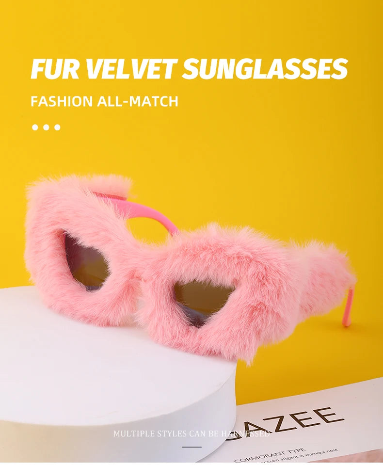 Cat Eye Sunglasses Women Punk Soft Fur Velvet Ladies Sun Glasses 2024 Luxury Brand Trendy Shades Eyewear Oculos De Sol Feminino