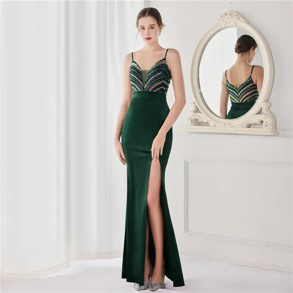 19103# Elegant Annual Sexy Long Korean Velvet Ten Positioning Floral Beads Halter Banquet Evening Dress Fashion